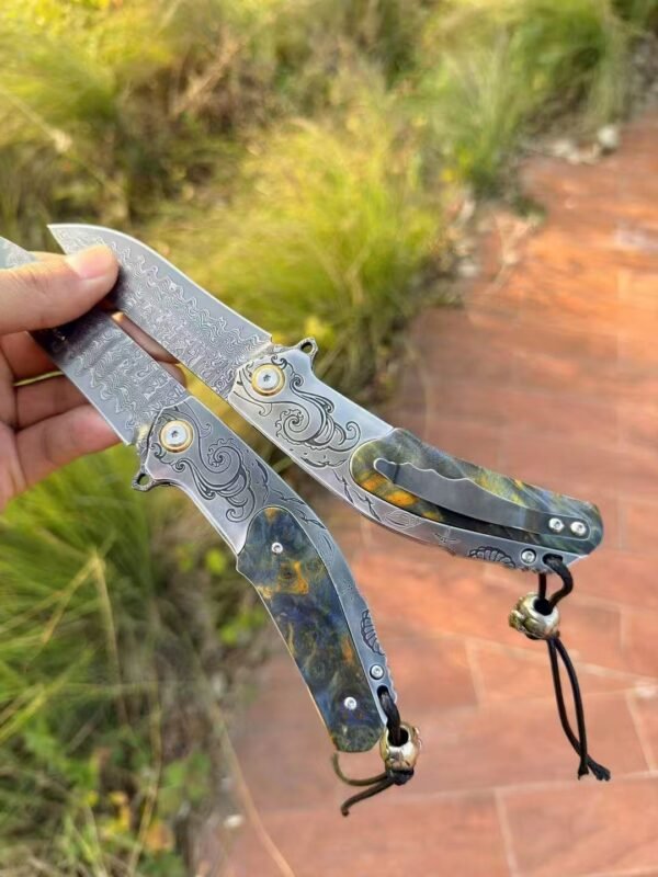 [Wanderer·High-End Handmade Folding Knife] Damascus Steel Blade 420 Stainless Steel Handle - Image 4