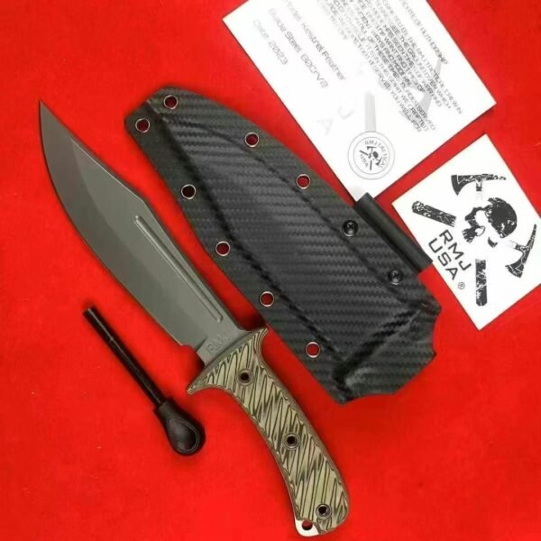 RMJ Medium Bowie Tactical Knife - USA-10 Steel Blade with Titanium Coating, Two-Tone
