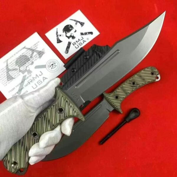RMJ Medium Bowie Tactical Knife - USA-10 Steel Blade with Titanium Coating, Two-Tone - Image 4