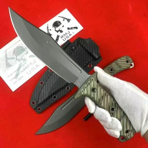 RMJ Medium Bowie Tactical Knife - USA-10 Steel Blade with Titanium Coating, Two-Tone - Image 3