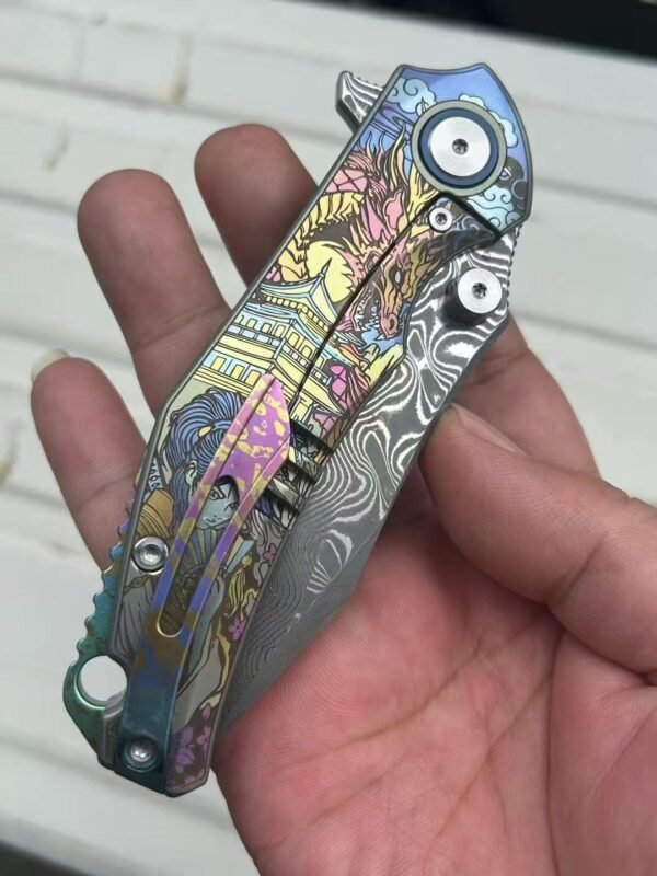 Dark vg10 Damascus steel folding knife with titanium handle, exquisitely engraved - Image 2