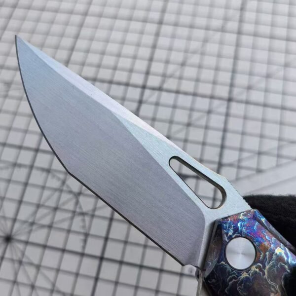 M390 steel 60HRC lightning pattern titanium alloy handle folding knife with satin finish - Image 7