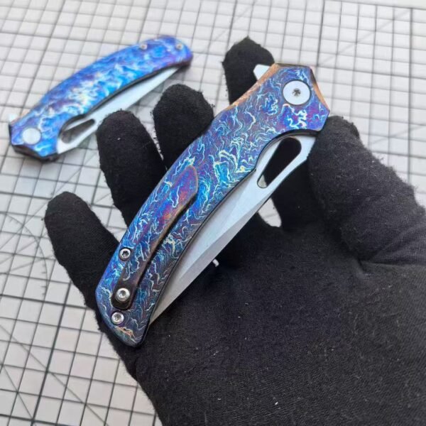 M390 steel 60HRC lightning pattern titanium alloy handle folding knife with satin finish - Image 6