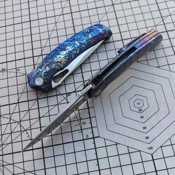M390 steel 60HRC lightning pattern titanium alloy handle folding knife with satin finish - Image 3